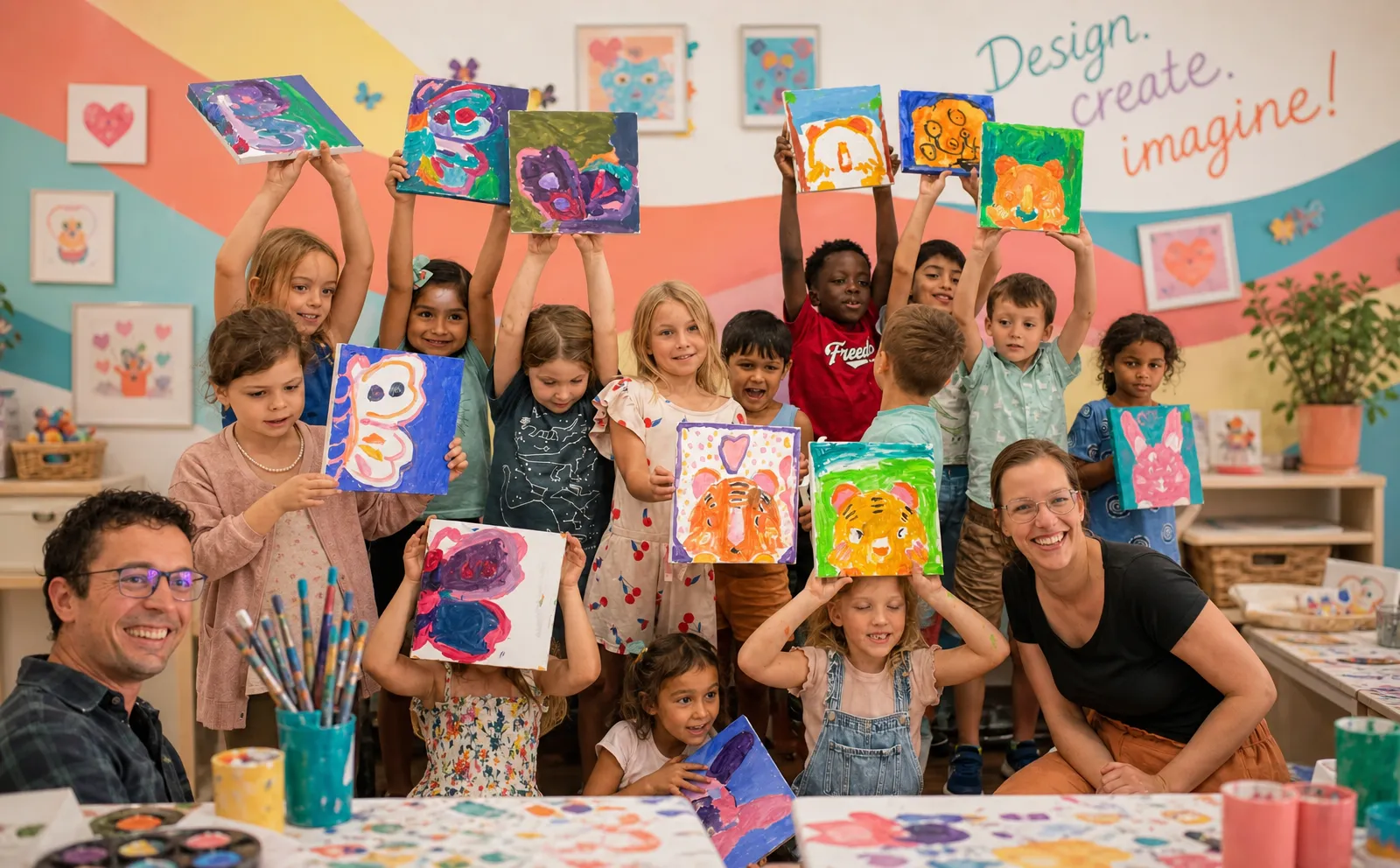 A group of kids proudly holding up their painted animal canvases