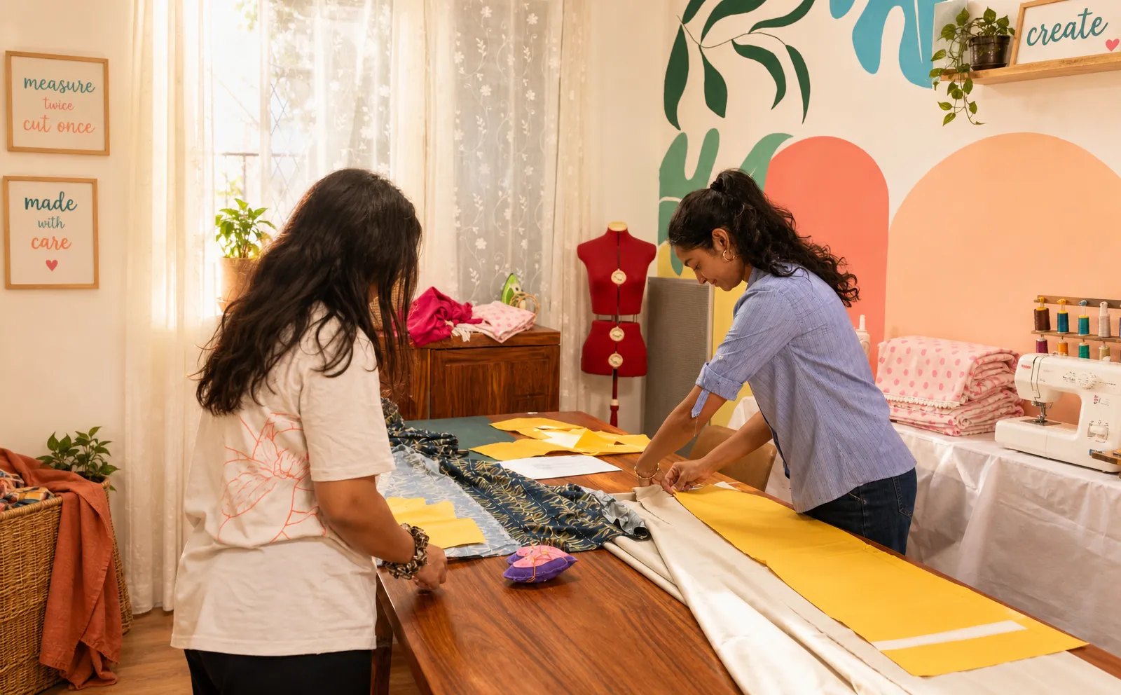 Two women pattern-cutting and pinning fabric at a sewing table