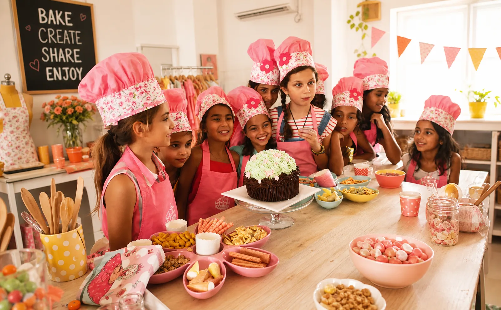 Kids in pink chef hats gathered around a decorated cake at a baking party
