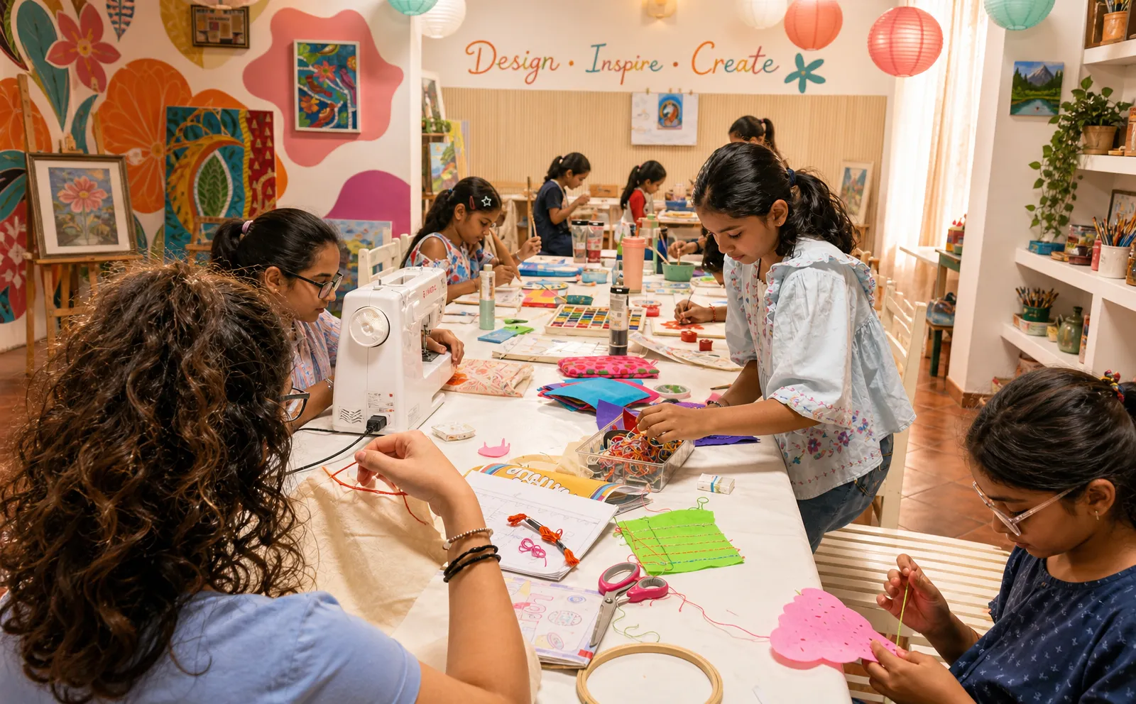 A busy studio classroom with kids painting and sewing side by side