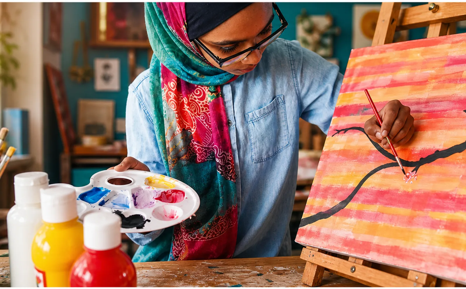A teen carefully painting a vibrant sunset canvas